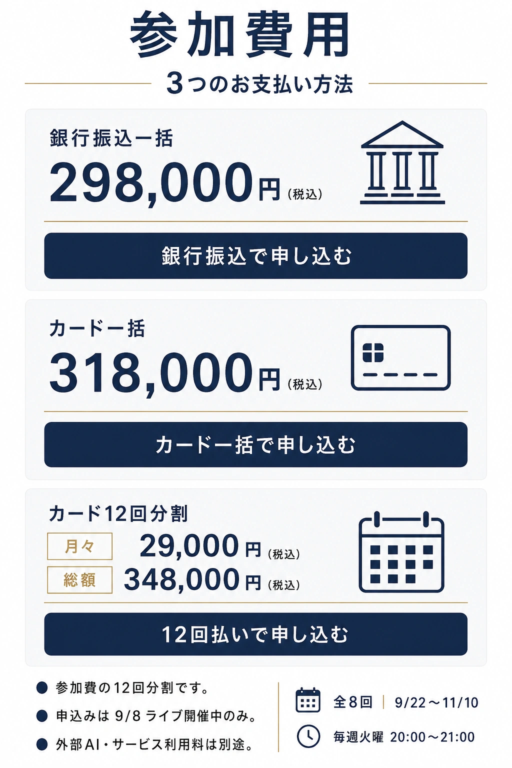 銀行一括298,000円、カード一括318,000円、12回月々29,000円・総額348,000円。税込。