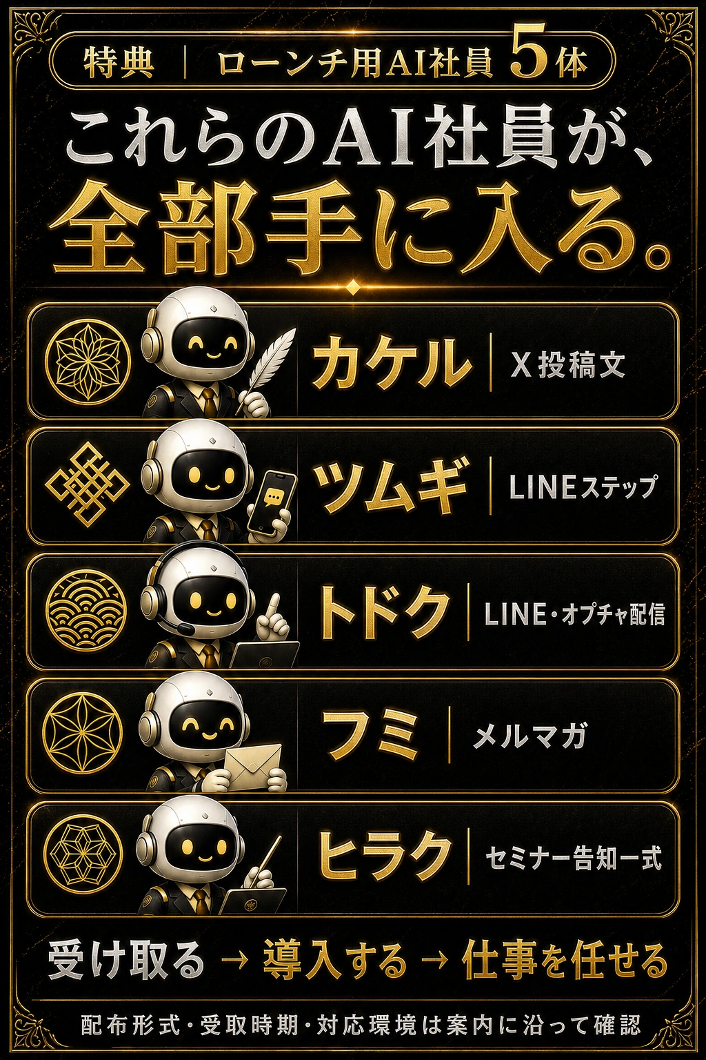 ローンチ用AI社員5体。X投稿、LINEステップ、LINEとオープンチャット、メール、セミナー告知。