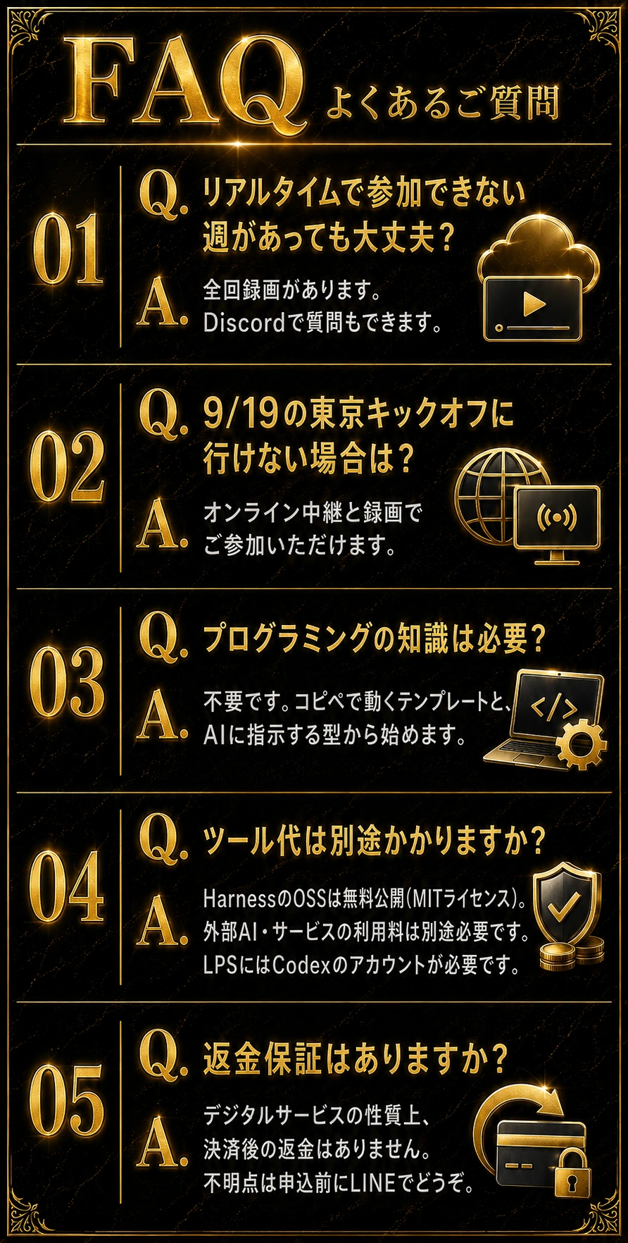 参加前のよくある質問。録画、キックオフ、初心者、外部サービス利用料、申込条件。