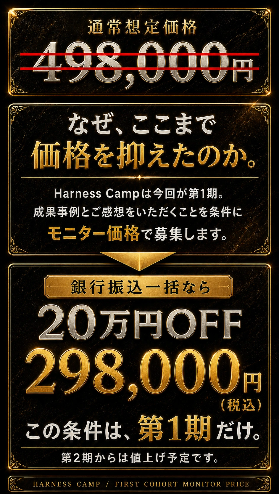 通常想定価格498,000円に赤い二重取り消し線。銀行振込一括なら20万円OFF、税込298,000円。
