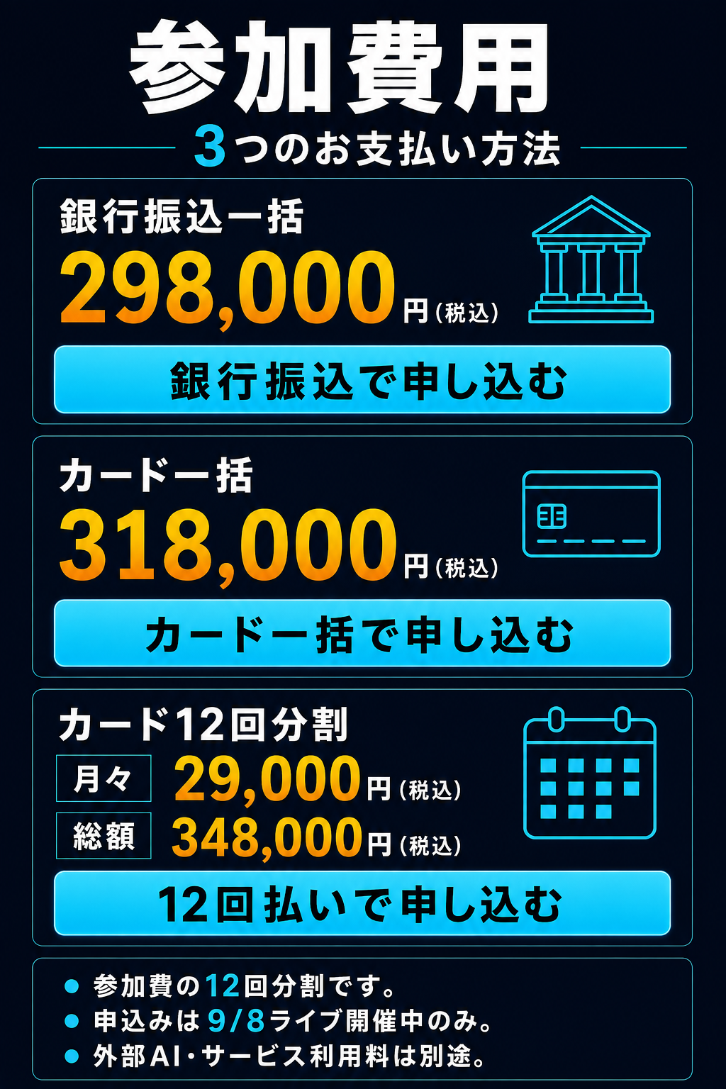 税込参加費用。銀行一括298,000円、カード一括318,000円、カード12回は月々29,000円・総額348,000円。支払い方法別の申込ボタン。