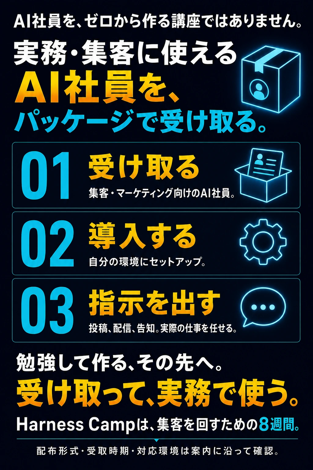 AI社員をゼロから作る講座ではなく、集客向けのAI社員パッケージを受け取り実務に導入する。
