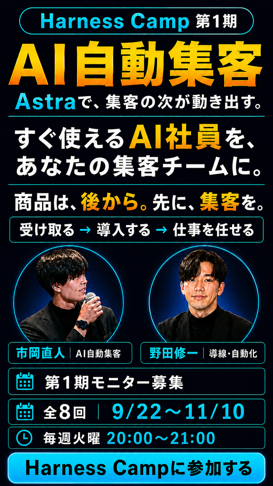 AI自動集客を中心に、すぐ使えるAI社員を受け取って実務へ導入するHarness Camp。Astra、全8回の日程。